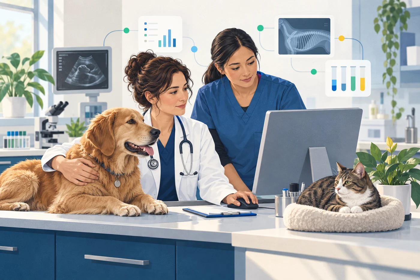 Veterinary professionals reviewing connected clinical, imaging, and diagnostic information.