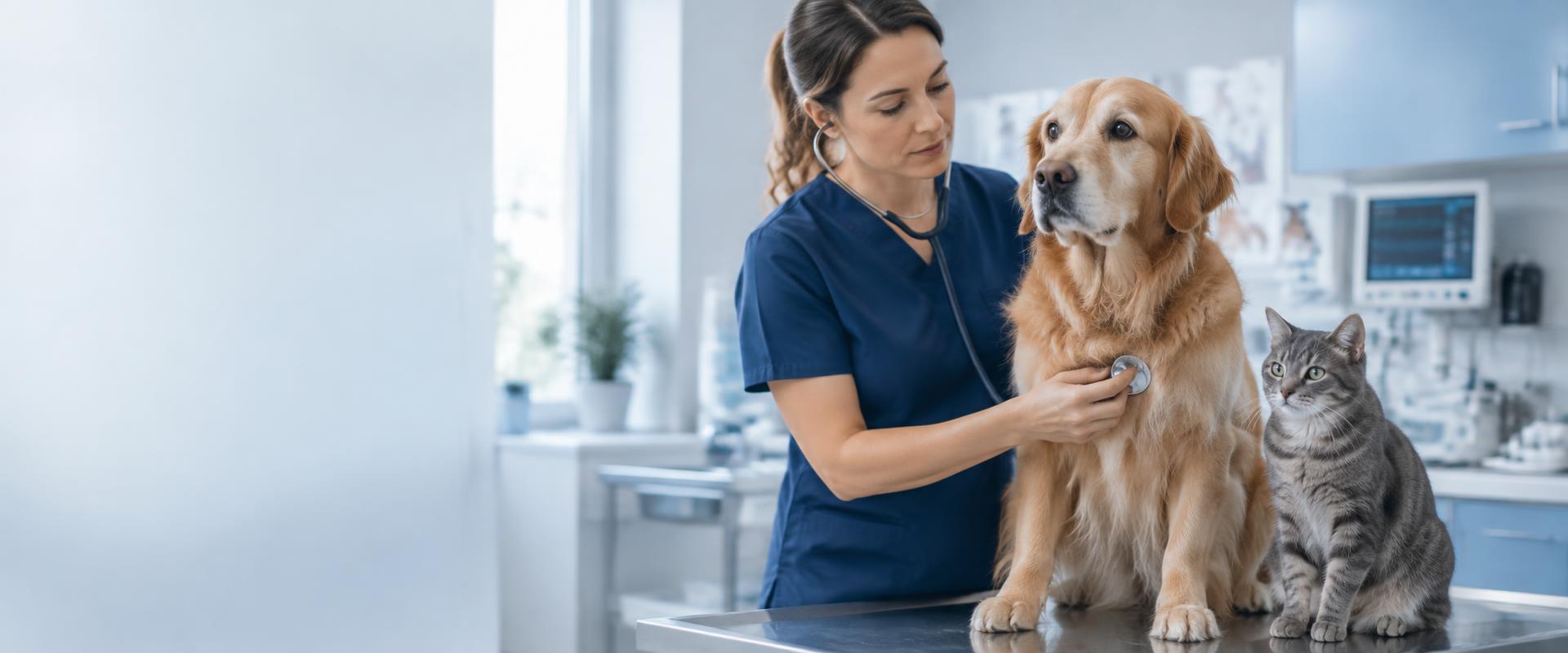 Veterinarian with a golden retriever in a clean clinical setting.